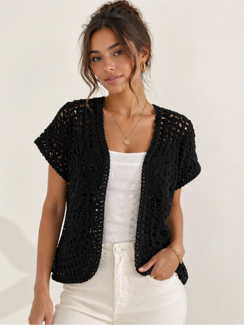Coldwater Creek Black Cotton Short Sleeve Crochet Cardigan Sz. 14‎ NWT
